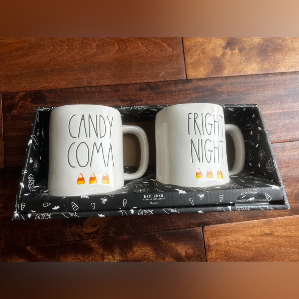 Rae Dunn Cream Halloween Mugs - Candy Coma & Fright Night